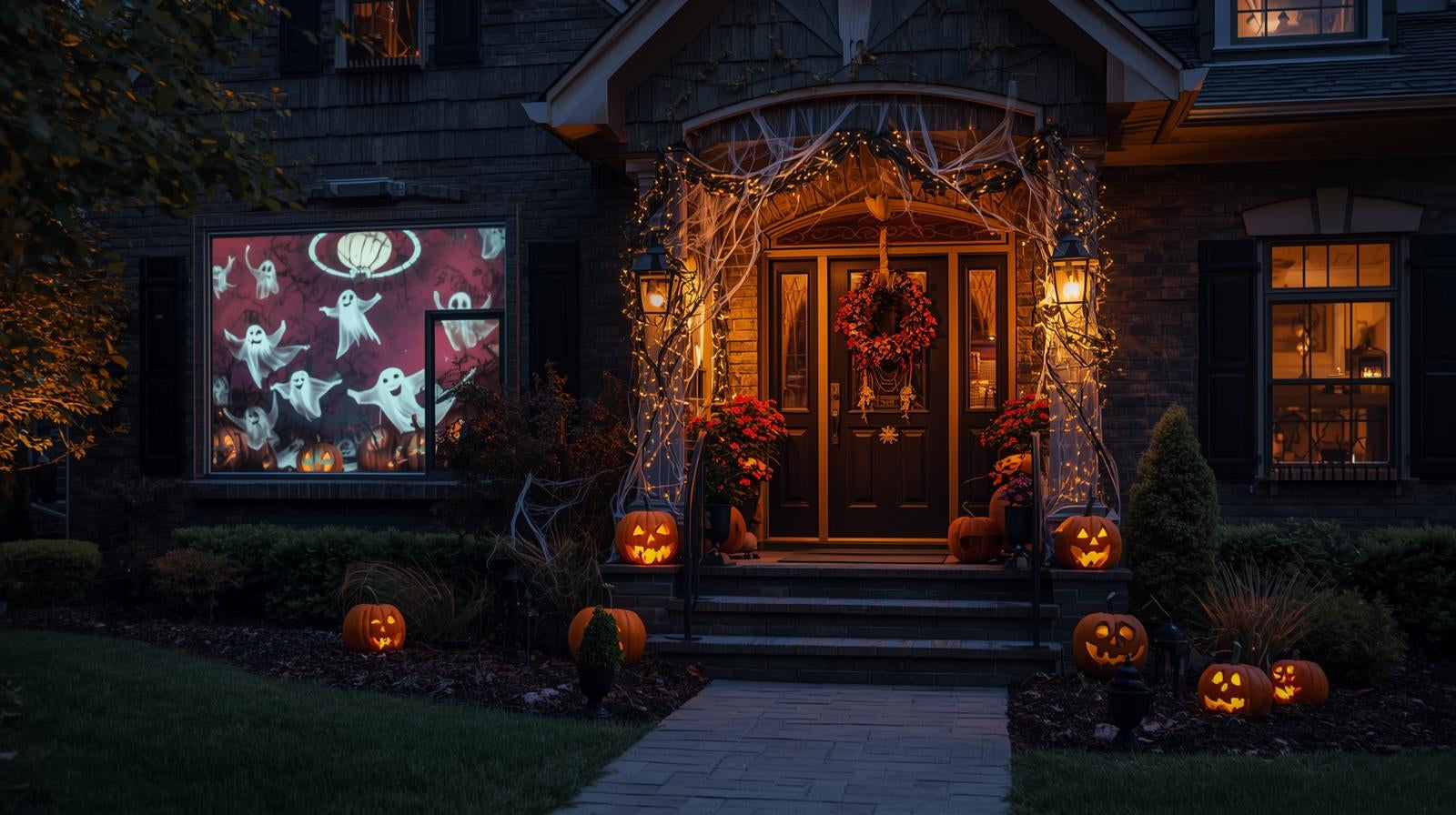 Exterior of a home decorated for Halloween, featuring lighting, projector, and safety solutions